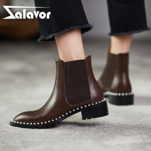 Zalavor Size 33-40 Women Ankle Boots Genuine Leather Beads Fashion Women Shoes Round Toe Daily Party Ladies Short Boots