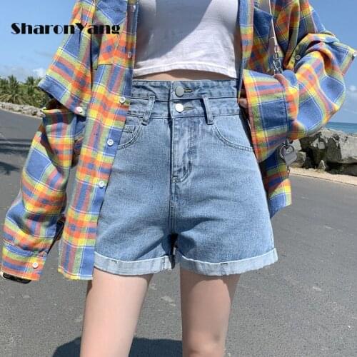 Womens Jeans Shorts Button Denim High Waist Short Denim Fold Wide Legs Blue Shorts 2021 Summer Streetwear White