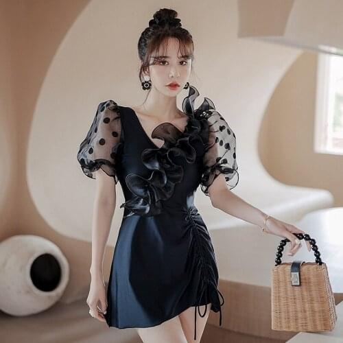 Plus Size Sexy Gauze Short Puff Sleeve Swimsuit Women One Piece Solid Swimwear V-neck Bathing Suit L-4XL Skirts Pad Wire-free