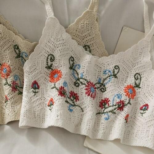 066F Women Summer Spaghetti Strap Crop Top Beach Holiday Crochet Knit Camisole Floral Embroidery V-Neck Boho Bustier Vest