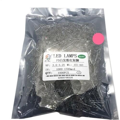 1000pcs F3 3mm Pink LED 3.0-3.2V 455-460NM 1000-1500MCD DIP-2 short legs ( Water clear ) Light beads lamp