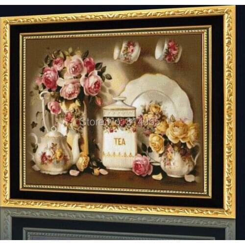 11CT Printed Embroidery Package Cross Stitch Kit Rose Flower Teapot