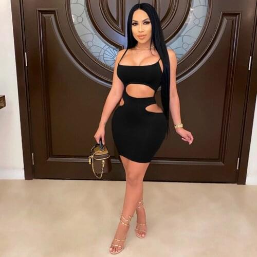 2021 Summer Sexy Hollow Out Dress Women Low Collar Sleeveless Solid Color Wrap Mini Bodycon Dresses Vestidos Plus Size 5XL
