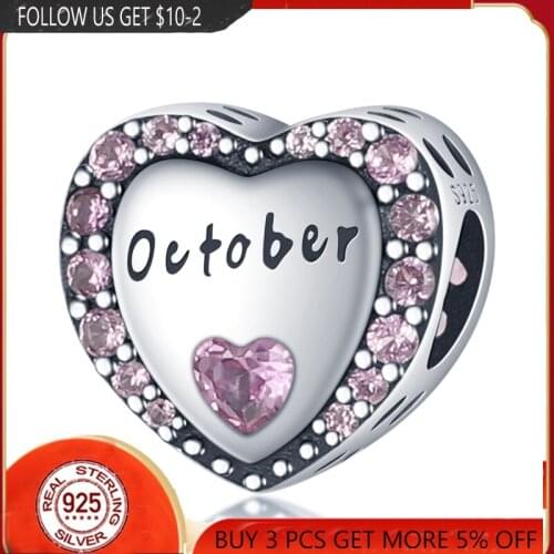 NEW 100% 925 Sterling Silver October Heart Bead Charms Fit Original Pandora Bracelets Bangle Make DIY For Women Jewelry Gift