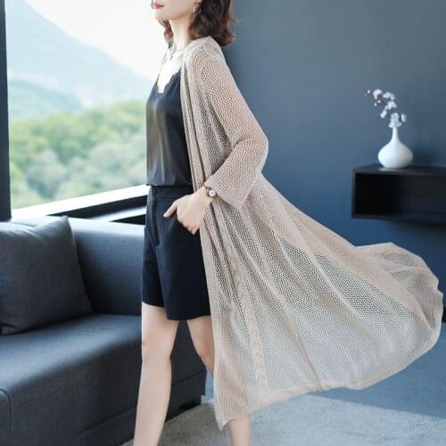 Women Summer Spring Cardigan Long Knitwear Elegant Female Hollow Out Knit Cardigan Outwear
