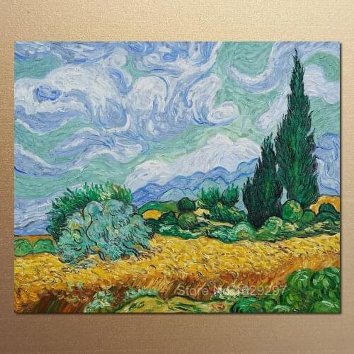 Hand Painted Oil paintings Vincent Van Gogh Canvas art Wheat Field with Cypresses High quality home decor