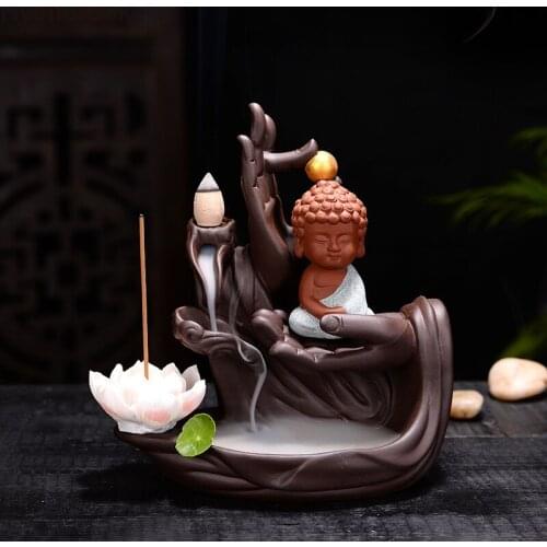 Ceramic Burner Backflow Incense Burner Creative Bergamot Little Monk Buddha Lotus Waterfall Censer Home Decor + 10pcs Cones