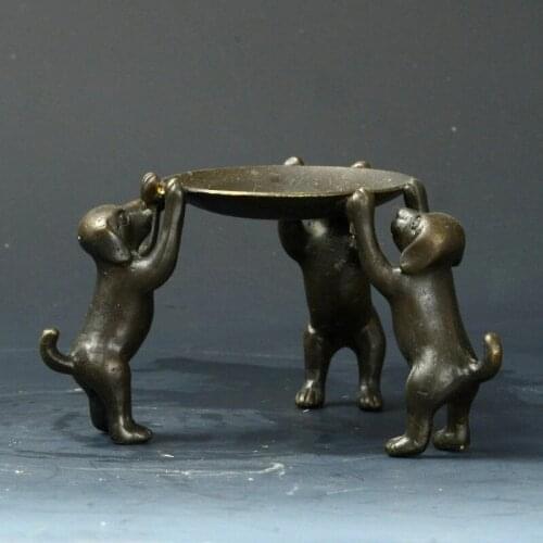 China Collectible Old Handwork Bronze Carved 3 Dogs Climb Plate Candle Stick