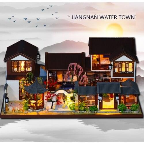 Chinese Architecture DIY Dollhouse Jiangnan Water Town Kit Assembled Miniature with Furniture Doll House Toys for Children Adult