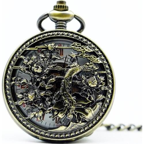 Fashion Mechanical Pocket Watch Retro Hollow Phoenix Carving Fob Chain Unique Art Watch Novel Lovers Friends Gifts PJX1274