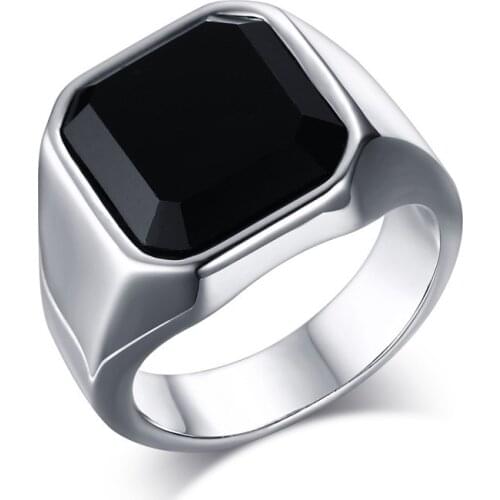 Mens Black Square Gem Stone Silver color 316L Stainless Steel Ring Mens Jewelry High Quality