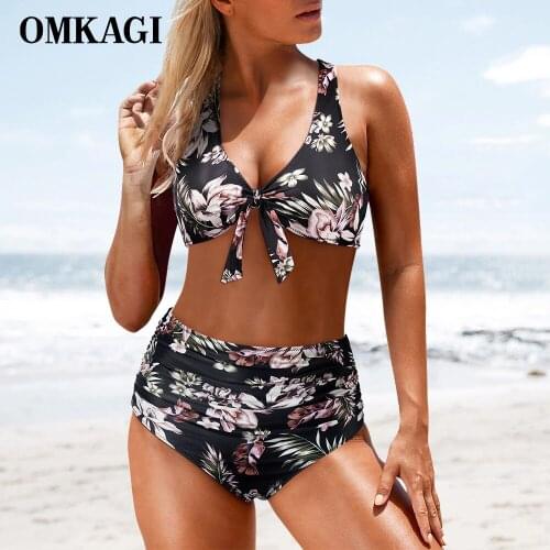 OMKAGI Bikini Swimwear Women Swimsuit 2021 High Waist Bikini Set Push Up Front Knot Bathing Suit Women Summer Beach wear Biquini