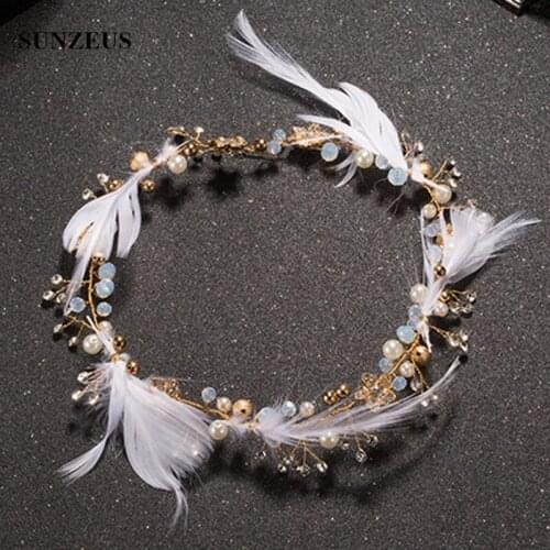 Bridal Feather Head Chain With Crystal Pearls Wedding Party Headband Haar Accessoires Bruid SQ131