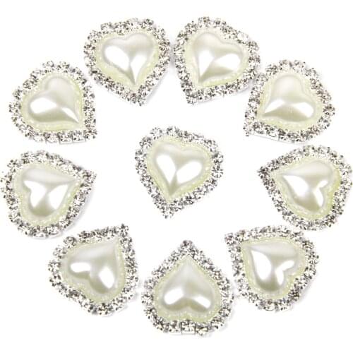 10pcs Heart Crystal Beige Faux Pearl Button Flatback Embellishment 20mm x 25mm