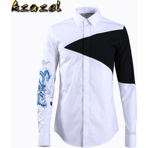 Azazel Men Shirt Luxury Embroidery Long Sleeve Mens Shirt Fashion Black White Splicing Slim Fit Casual Shirts Mens Plus Size 4xl