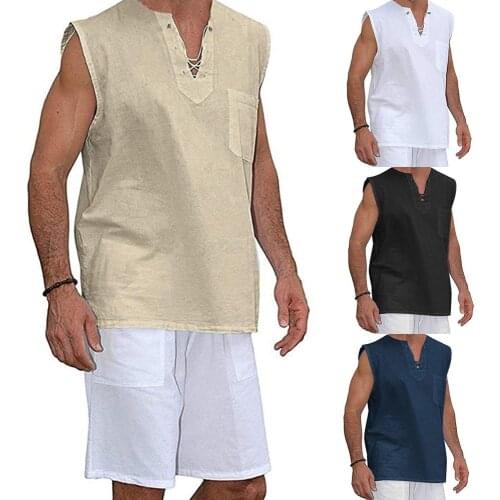 Fashion Summer Mens Cotton Linen Shirt Sleeveless Linen Henley Tops Casual Loose Tee Casual Breathable Soft