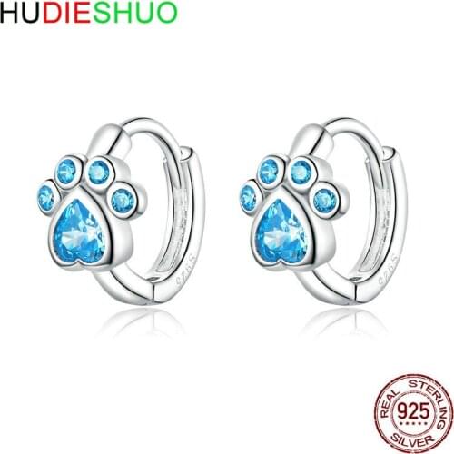 Cute Dog Paw Footprint Small Hoop Earrings 100% 925 SterlingSilver Blue Zircon Earrings Jewelry Brincos