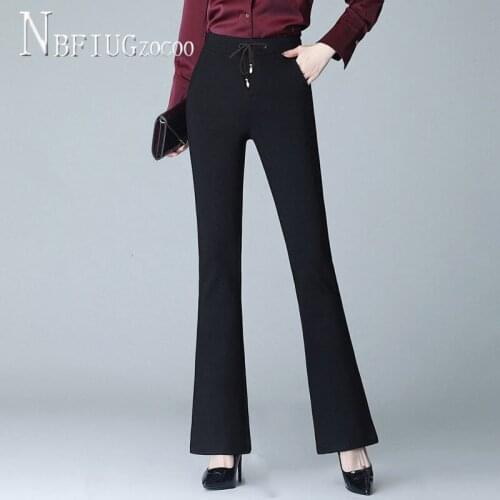 2020 Spring Autumn Women Black Flare Pants Elastic Waist Slim Female Trousers