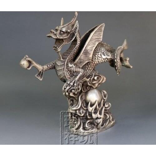 Vintage Tibetan Silver Dragon Statue Sun Dragon Statuary geomantic omen Lucky