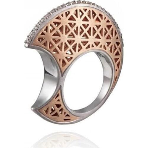 Hot Sell Vintage Jewelry 925 Sterling Silver&Rose Gold Fill Popular Pave White AAA Cubic Zircon Promise Moon Wedding Band Ring