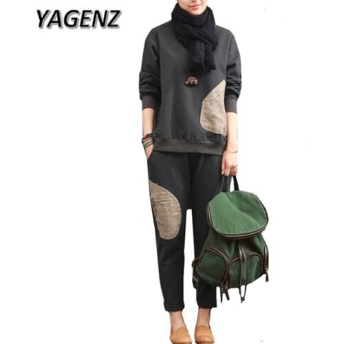 YAGENZ 2020 Autumn 2 Piece Sets Women Sporting Suit Loose O Neck Cotton Tops+Trousers Sportswear Large size Clothing Sets L-4XL