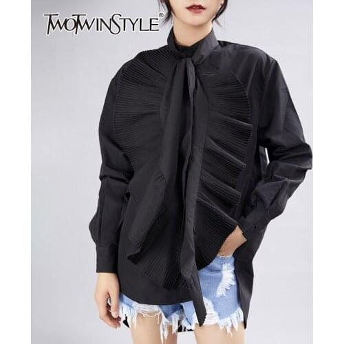 TWOTWINSTYLE Elegant Black Patchwork Ruffle Shirt For Women Stand Collar Long Sleeve Solid Blouse Female Fashion New Spring Tide