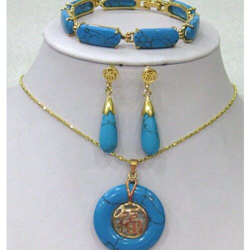 Womens temperament Chinese style fashion metal plated long Turquoise Bracelet + Earrings + Pendant Necklace Set