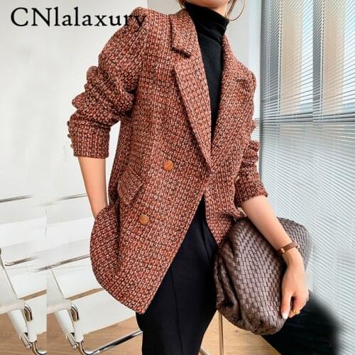 2021 New Spring Autumn New Plaid Tweed Blazer Coat Fashion High Quality Female Notched Collar Wolen Suit Jacket Ladies Outerwear