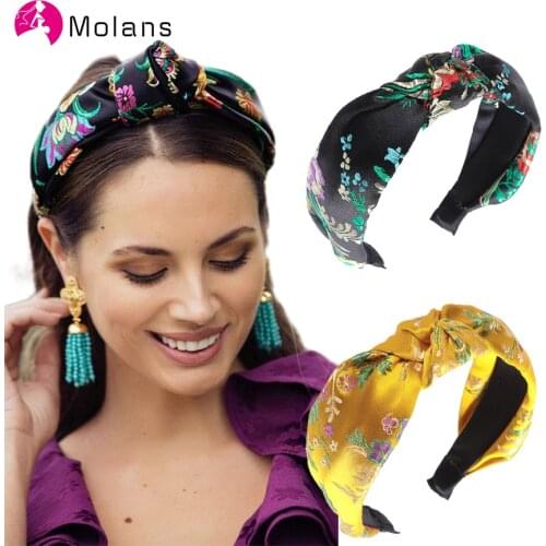 MOLANS Vintage Chinese Style Flower Embroidery Headbands Girls Women Turban Knotted Headband Hair Accessories Headwrap Female