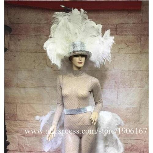 White Feathers Exaggerated Samba Stage Clothes Catwalk Model Show Nightlcub Bar Dance Team Body Suit Event Feather Headwear