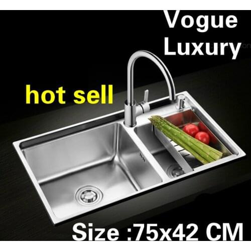 Free shipping Apartment kitchen manual sink double groove wash vegetables food grade 304 stainless steel hot sell 75x42 CM