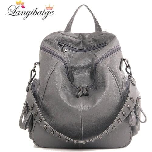 3-in-1 Brand Woman Backpack High Quality Leather School Bags Rivet Moto Style Women Backpacks Vintage Soft Lady Shoulder Bags