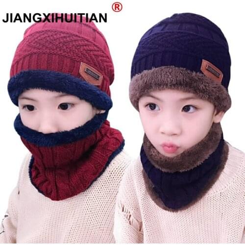 Children Winter Hat and Scarf Set for Boys Girls Knitted Cap Kids Fleece Skullies Beanies Balaclava