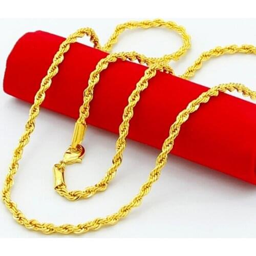 Hot sell !!! Factory Price pure gold color 3mm mens rope chain Necklace 20inch-28inch. gold color men women necklace Jewelry