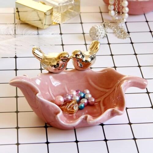 Nordic Style Ceramic Jewelry Storage Tray Plating Gold Bird Pink Maple Leaf Shape Ceramic Ornaments Necklace Bracelet Box
