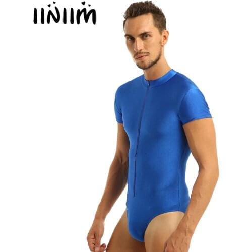 Mens Lycra Dance Wear Front Zipper Bodycon Ballet Bodysuit High Cut Gymnastics Leotard Romper Swimwear Stage Performance Costume