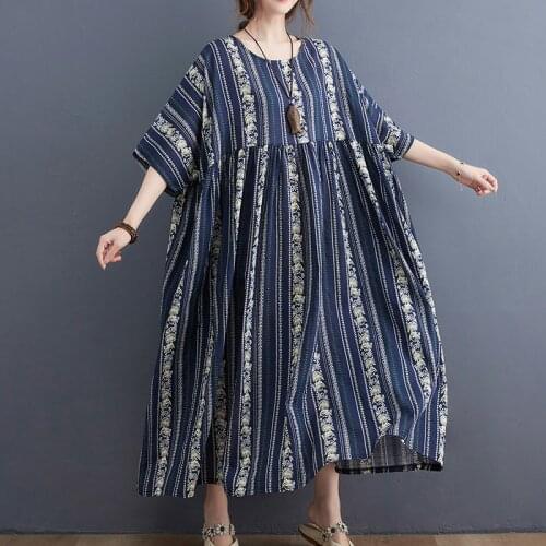 2021 Summer New Fashion Dress Oversize One-Piece Vintage Striped Long Casual Dress Robe Female WomenS Clothing Dress Cotton Boh