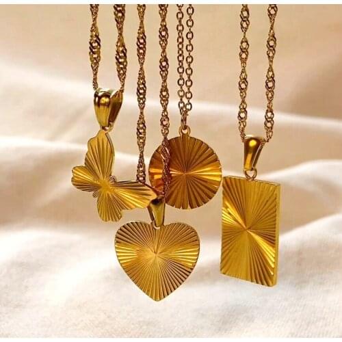 Sunburst Signet Pendant Necklace For Women 18k Gold Plated Stainless Steel Heart Butterfly Sunlight disc Coin Choker Neckalce