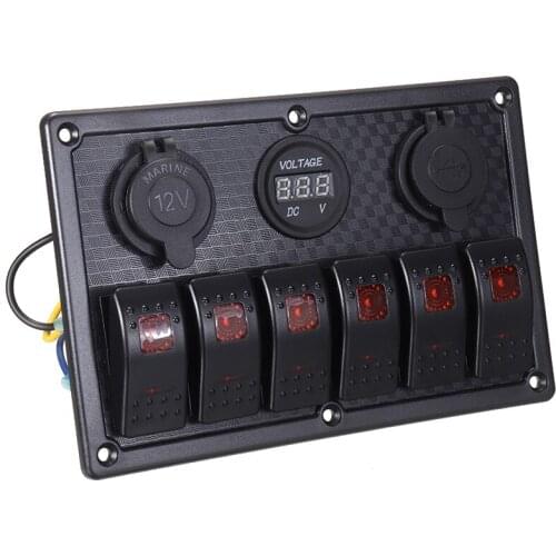 6 Buttons Rocker Switch Panel 3.1A Dual USB Slot Socket Digital Voltage Display LED Waterproof Car Boat Marine Circuit Breaker