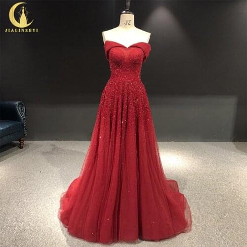 Rhine real Pictures wine red off the shoulder beads Crystal A-line sexy evening dress long formal dresses