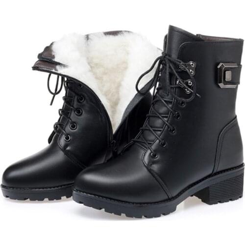 Womens Winter Warm Wool Leather Boots 4.5cm High Heel Mid Snow Boots Trendy Round Toe Laces Zipper Design Women Boots Big Yards