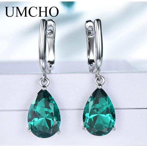 UMCHO Solid Silver 925 Jewelry Drop Created Nano Green Emerald Clip Earrings For Women Birthday Gifts Charms Fine Jewelry