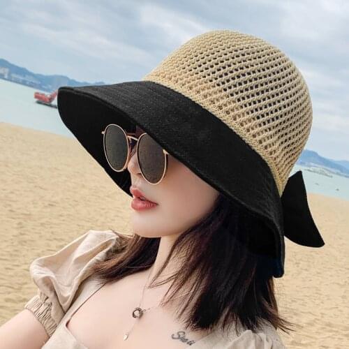 Sun hat women summer foldable small rim sun hat mesh bow fisherman hat basin hat hollow beach woven straw hat