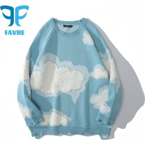 FAVRE Destroyed Ripped Hole Cloud Flocking Jacquard Sweater Couple Pullover Men Women Knitted Loose Sweaters Japanese Jumpers