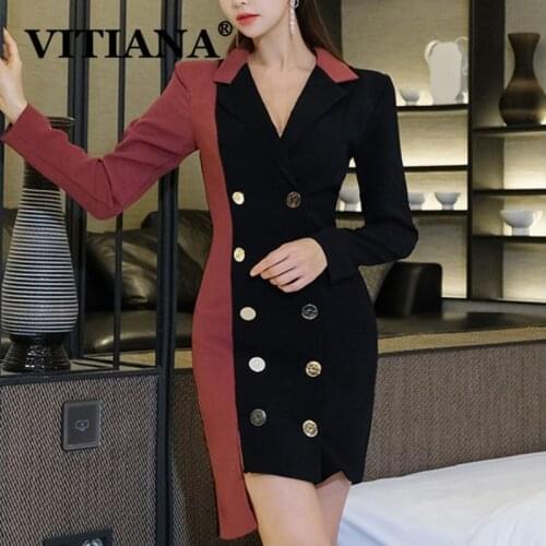 VITIANA Women OL Dress For Womens Spring 2020 Female Long Sleeve Buttons Notched Pactchwork Office Dresses Femme Mini Vestidos