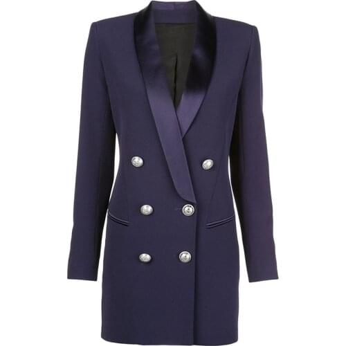 HIGH STREET Newest 2021 Designer Blazer Womens Metal Lion Buttons Double Breasted Shawl Collar Long Blazer Jacket Navy Blue