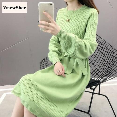 VmewSher Winter Knitted Women Sweater Dress Fashion O Neck Thick Solid Long Dress 2020 Autumn New Belt Twist Dress for Female