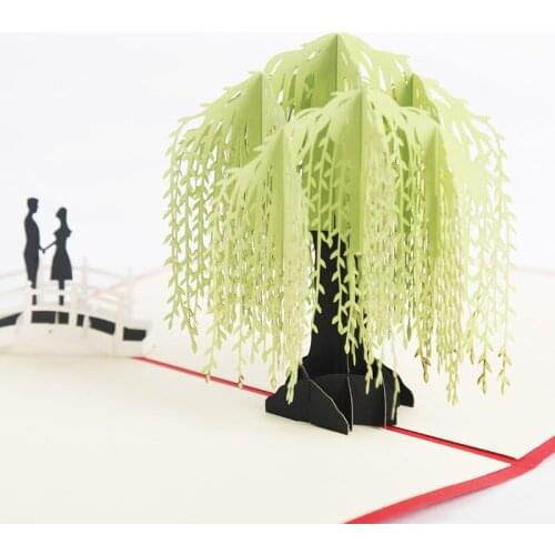 10pcs 3D Light green/Green Willow Couple Handmade Kirigami Origami Wedding Party Invitation Greeding Birthday Card Postcard