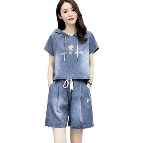 2021 Summer New Fashion Denim Suit Women Hooded Short Sleeve Denim Jacket Shorts Casual Two-Piece Suits Plus Size Womens Sets