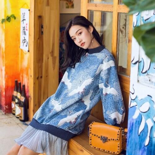 2021 New Spring Women Sweatshirt Ruffle Sleeve Crane Pattern Printed Streetwear Hoodie Chiffon Skirt Ladies Fashion Sweatshirt